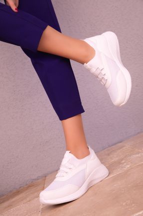 کفش اسنیکر سفید زنانه بند دار چرم مصنوعی کد 46284462