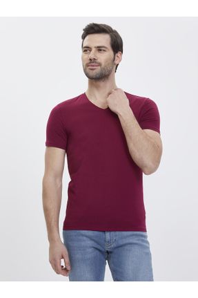 تی شرت زرشکی مردانه اسلیم فیت یقه هفت تکی بیسیک کد 2838512