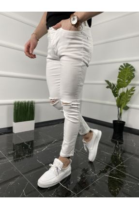 شلوار جین سفید مردانه پاچه تنگ پنبه (نخی) پوشاک ورزشی بلند کد 92796904