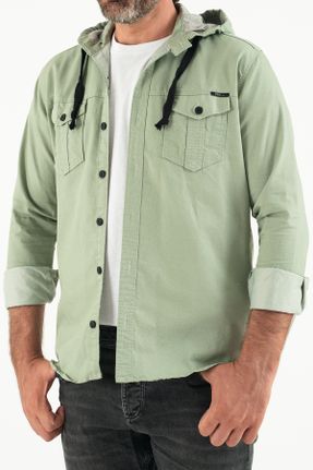 پیراهن سبز مردانه پنبه (نخی) اسلیم فیت کلاه دار کد 222765242