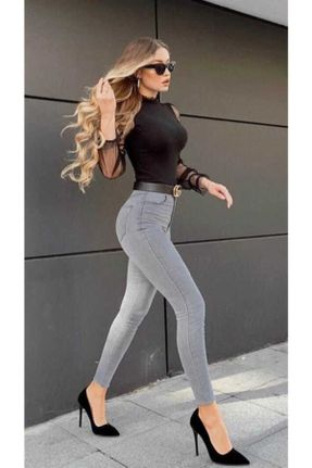 شلوار جین طوسی زنانه پاچه تنگ فاق بلند جین بلند کد 102732689
