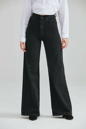 شلوار جین مشکی زنانه پاچه گشاد فاق بلند ساده بلند کد 127815995