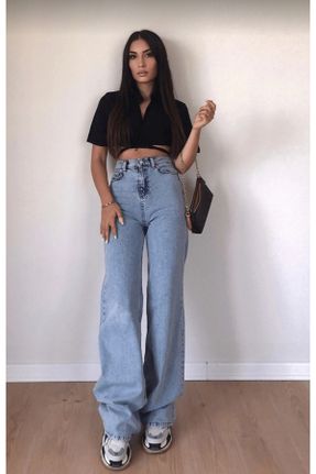 شلوار جین آبی زنانه پاچه راحت فاق بلند جین ساده جوان بلند کد 656052206