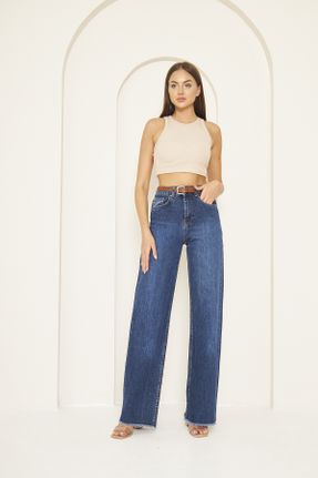 شلوار جین آبی زنانه پاچه گشاد فاق بلند پارچه ای ساده کد 764968542