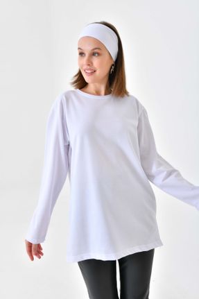 تی شرت سفید زنانه ریلکس یقه گرد پنبه (نخی) تکی بیسیک کد 764865157
