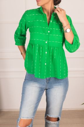 پیراهن سبز زنانه رگولار یقه قاضی پنبه - پلی استر کد 764957536