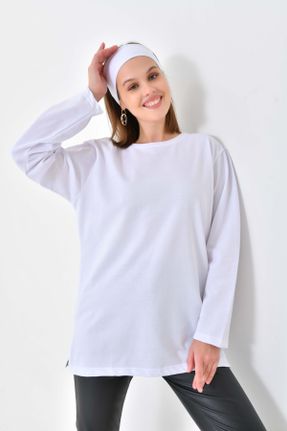تی شرت سفید زنانه ریلکس یقه گرد پنبه (نخی) تکی بیسیک کد 764865157