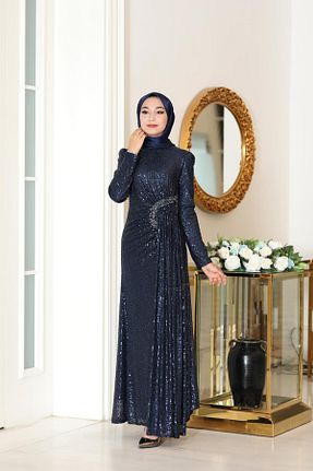 لباس مجلسی حجاب سرمه ای زنانه یقه ایستاده Emsale - کد 764867315