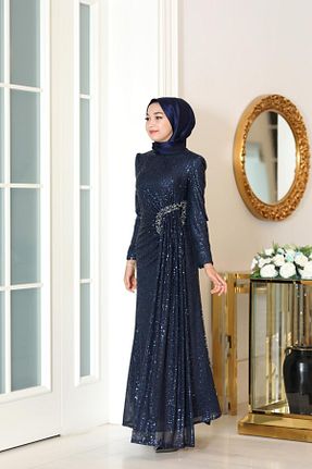 لباس مجلسی حجاب سرمه ای زنانه یقه ایستاده Emsale - کد 764867315