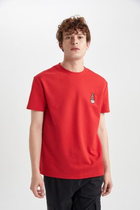تی شرت قرمز مردانه رگولار یقه گرد پارچه ای تکی کد 765514687