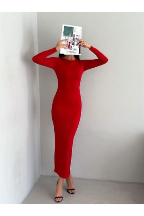 لباس قرمز زنانه بافت الاستن آستین-بلند بیسیک کد 765099041