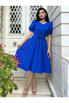 لباس آبی زنانه بافتنی کرپ گلوژ آستین-کوتاه کد 765214705