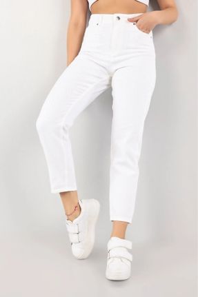 شلوار سفید زنانه جین پاچه ساده فاق بلند مام فیت کد 762684732