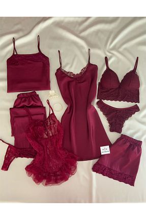 ست لباس راحتی زرشکی زنانه ساده MH Moony Homewears - کد 768444499