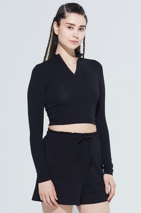 تی شرت مشکی زنانه کراپ یقه ایستاده تکی طراحی کد 742782061