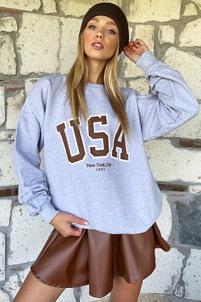 سوئیشرت طوسی زنانه چاپی Trend Alaçatı Stili - کد 767836483