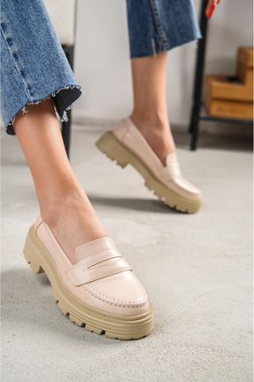 کفش لوفر بژ زنانه چرم مصنوعی پاشنه متوسط ( 5 - 9 cm ) کد 766951972