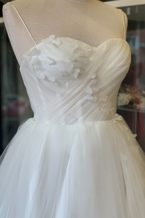 لباس مجلسی سفید زنانه تور آویزی استراپلز آستر دار کد 766965164