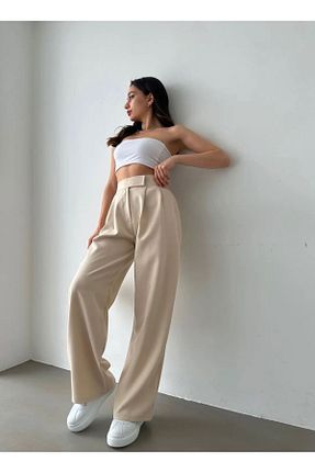 شلوار پارچه ای بژ زنانه فاق بلند LAMİRAMOOD - کد 767345355