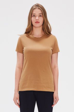 تی شرت قهوه ای زنانه رگولار یقه گرد تکی طراحی کد 742588014