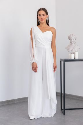 لباس مجلسی سفید زنانه یقه هفت مخلوط پلی استر آستین استاندارد رگولار آستر دار کد 768910026