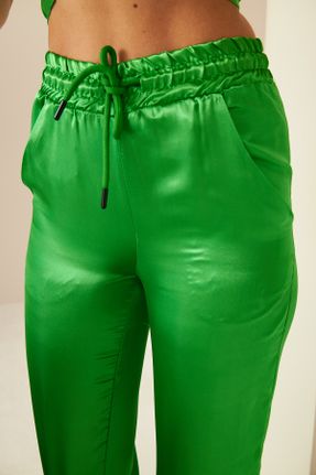 شلوار سبز زنانه ساتن بافتنی پاچه گشاد فاق بلند رگولار کد 769724798