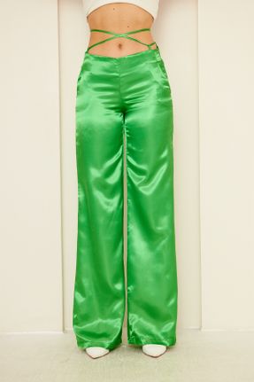 شلوار سبز زنانه ساتن پاچه گشاد بافتنی فاق بلند رگولار کد 769714241