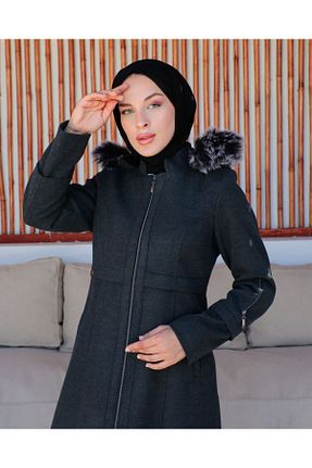 پالتو پشمی حجاب طوسی زنانه تنگ KMKkombin - کد 769733849