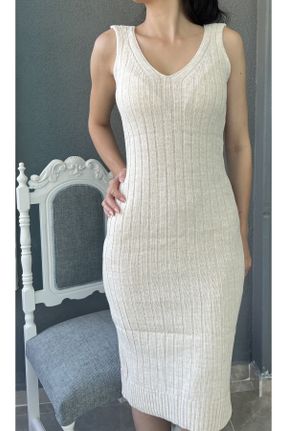 لباس بژ زنانه تریکو اکریلیک اورسایز بند دار کد 770100136