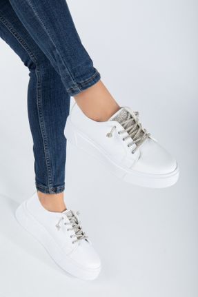 کفش اسنیکر سفید زنانه بند دار چرم مصنوعی کد 771280104