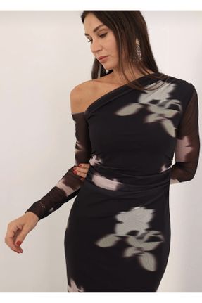 لباس مشکی زنانه بافتنی پلی استر طرح گلدار اسلیم فیت آستین-بلند کد 771879518