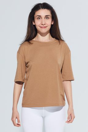 تی شرت قهوه ای زنانه لش یقه گرد پنبه (نخی) تکی طراحی کد 696200297