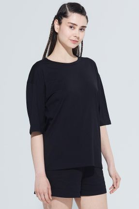 تی شرت مشکی زنانه لش یقه گرد پنبه (نخی) تکی طراحی کد 696200423