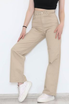 شلوار جین بژ زنانه پاچه راحت فاق بلند کد 762362801