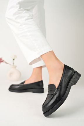 کفش لوفر مشکی زنانه چرم طبیعی پاشنه کوتاه ( 4 - 1 cm ) کد 771501561