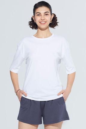 تی شرت سفید زنانه لش یقه گرد پنبه (نخی) تکی طراحی کد 696199417