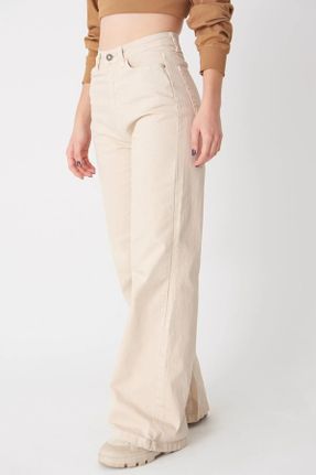 شلوار بژ زنانه جین پاچه گشاد فاق بلند راحت کد 771523544