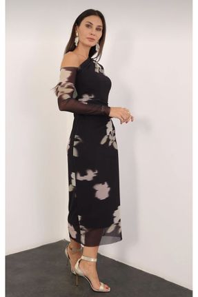 لباس مشکی زنانه بافتنی پلی استر طرح گلدار اسلیم فیت آستین-بلند کد 771879518