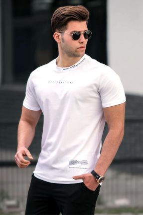 تی شرت سفید مردانه یقه گرد پنبه - پلی استر Fitted تکی بیسیک کد 101927623