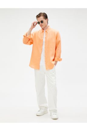 پیراهن نارنجی مردانه رگولار یقه پیراهنی کتان کد 686013102