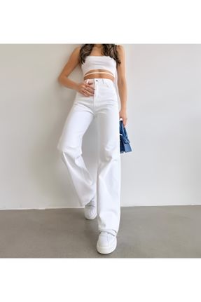 شلوار سفید زنانه فاق بلند جین پاچه گشاد راحت کد 772220059