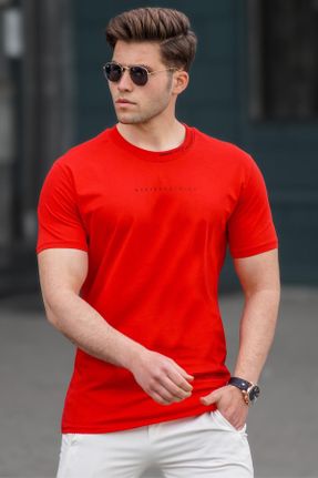 تی شرت قرمز مردانه Fitted یقه گرد پنبه - پلی استر تکی بیسیک کد 101893631
