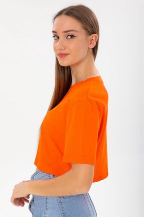 تی شرت نارنجی زنانه رگولار یقه گرد لیکرا تکی کد 772082561