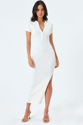 لباس سفید زنانه بافتنی اکریلیک رگولار آستین-کوتاه بیسیک کد 648381644