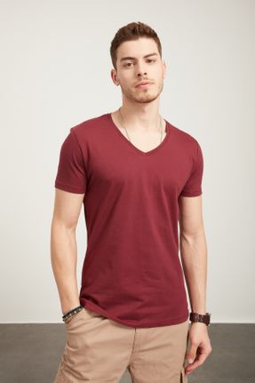 تی شرت زرشکی مردانه رگولار یقه هفت بیسیک کد 97597077