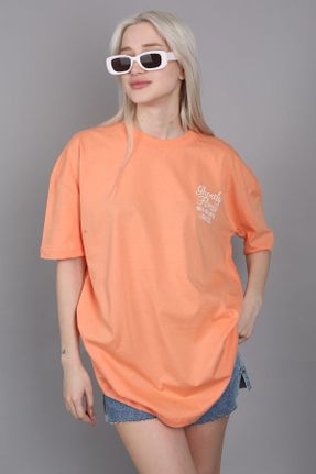 تی شرت نارنجی زنانه اورسایز یقه گرد تکی کد 310753799