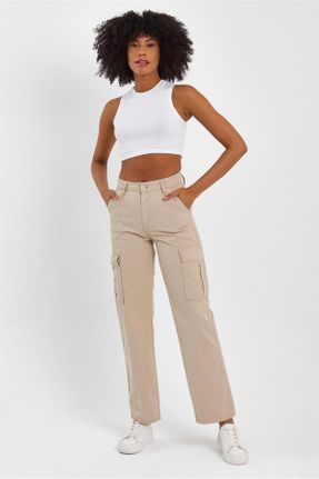 شلوار جین بژ زنانه پاچه راحت فاق بلند کارگو کد 736250849