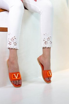 دمپائی نارنجی زنانه چرم مصنوعی پاشنه ساده پاشنه کوتاه ( 4 - 1 cm ) کد 742504011