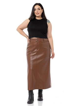 دامن سایز بزرگ قهوه ای زنانه چرم مصنوعی DISENTIS MODEST - کد 773318630