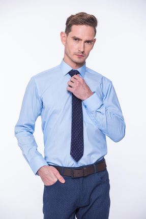 پیراهن آبی مردانه پنبه - پلی استر یقه نیمه ایتالیایی رگولار کد 312181217
